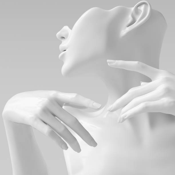 istock White woman profile sculpture and closeup hands on the face elegant gestures 3d rendering mannequin 1264304123