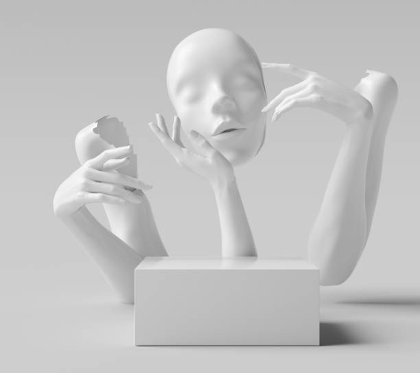 istock Face mask sculpture, white hand mannequin gesture broken part, cosmetic podium showcase concept 3d rendering 1264304186