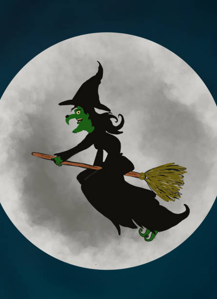 istock Image of night sky with full moon and witch on broom, cartoon witch flying broomstick, halloween concept 1264306600