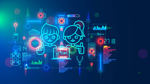 Electronics engineering and hardware programming learning for teens. Boy and Girl coding on laptop in online school for child education of creating electronic robots. Happy kids on science lesson. vector art illustration