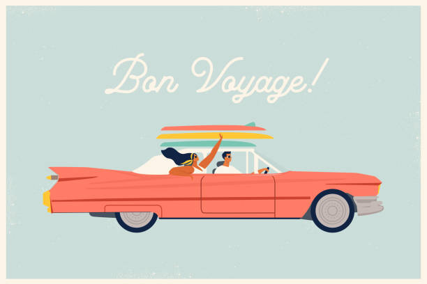 ilustraciones, imágenes clip art, dibujos animados e iconos de stock de joven feliz pareja hipster en el amor tener viaje carretera por cabriolet rojo. chica elegante riendo y chico conductor en las vacaciones de verano en la ilustración de dibujos animados vectorial plano. - celebración de despedida