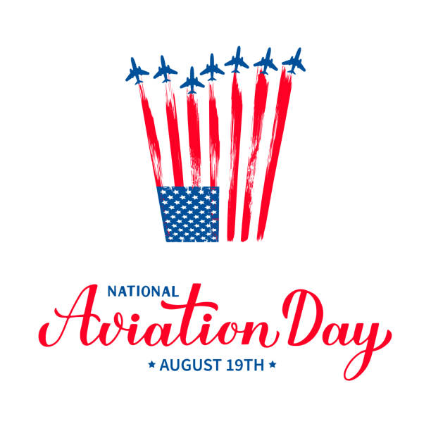 illustrazioni stock, clip art, cartoni animati e icone di tendenza di national aviation day calligrafia lettere a mano isolate su bianco. festa negli stati uniti celebrata il 19 agosto. modello vettoriale per banner, poster tipografico, biglietto d'auguri, volantino, ecc. - airshow