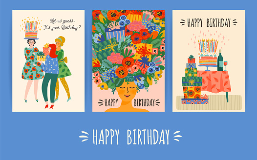 Happy Birthday. Vector set of cute illustrations. Design templates.