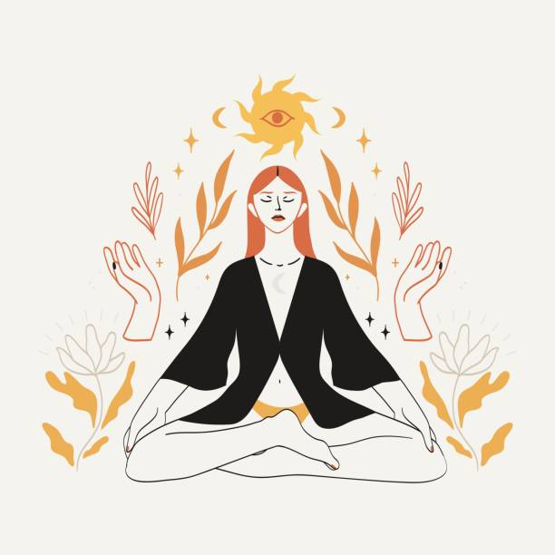 illustrazioni stock, clip art, cartoni animati e icone di tendenza di donna meditata seduta in posa di loto in stile boho con corpi celesti, elemets mistici e floreali. concetto di spiritualità, terzo occhio, magia, zen per logo, emblema, design di stampa. - third eye illustrations