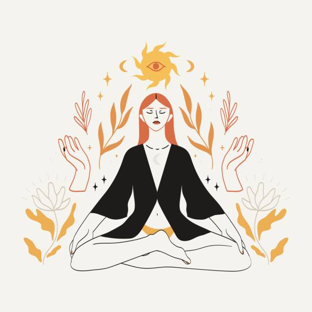 lotus'ta oturan meditasyoncu kadın, gök cisimleri, mistik ve çiçekli elemetleri ile boho tarzında poz veriyor. maneviyat kavramı, üçüncü göz, büyü, logo için zen, amblem, baskı tasarımı. - zen illüstrasyonlar stock illustrations