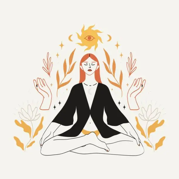 Vector illustration of Meditating woman sitting in lotus pose in boho style with celestial bodies, mystic and floral elemets. Concept of spirituality, third eye, magic, zen for logo, emblem, print design.