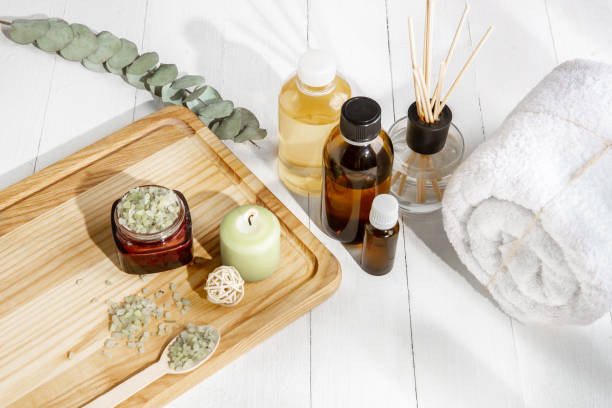istock Beautiful spa composition on massage table in wellness center, copyspace, leaves' shadow 1264315141