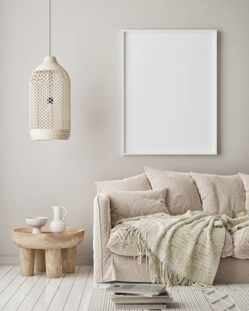 istock mock up poster frame in hipster interior background, scandinavian style, 3D render 1264316467
