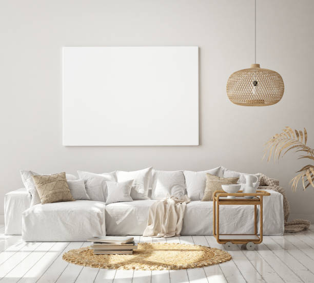 istock mock up poster frame in hipster interior background, scandinavian style, 3D render 1264316482
