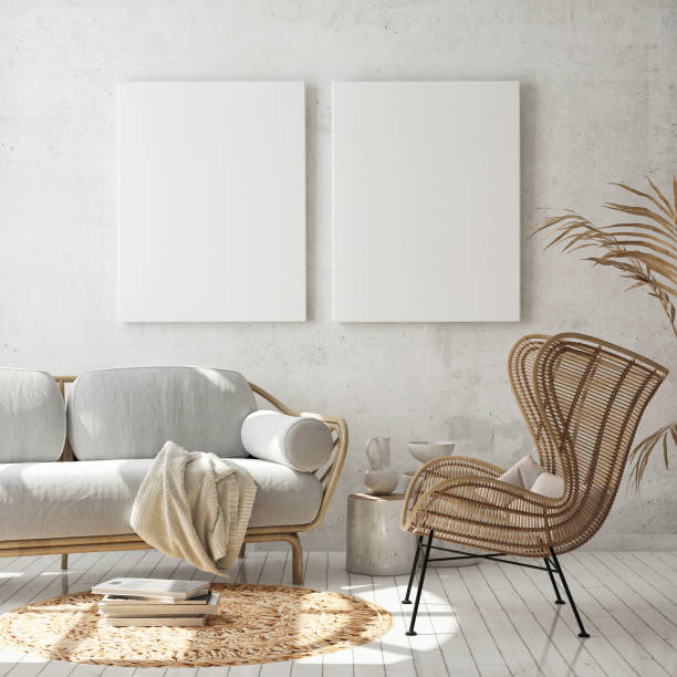 istock mock up poster frame in hipster interior background, scandinavian style, 3D render 1264316490