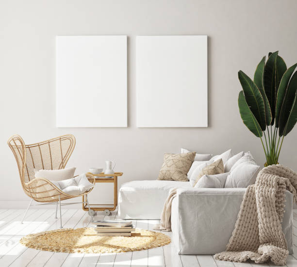 istock mock up poster frame in hipster interior background, scandinavian style, 3D render 1264316498