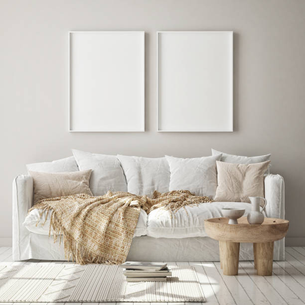 istock mock up poster frame in hipster interior background, scandinavian style, 3D render 1264316573