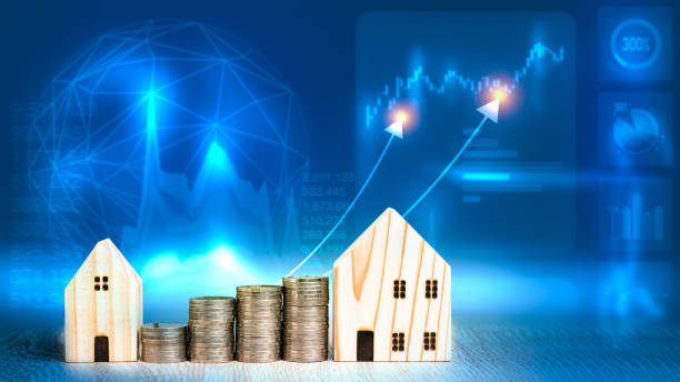 istock Saving money concept preset by coins stack and wooden house model with graph on background. Investment plan growing business 1264320680