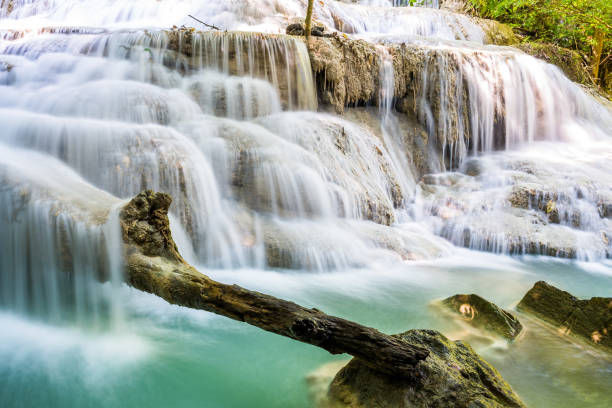 istock Waterfall and blue emerald water color in Erawan national park. 1264320895