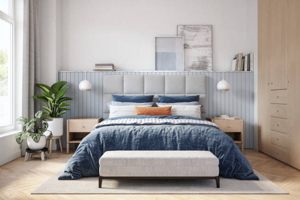 Scandinavian bedroom interior - stock photo Bedroom interior with wooden furniture, 3d render lamps in bedroom stock pictures, royalty-free photos & images