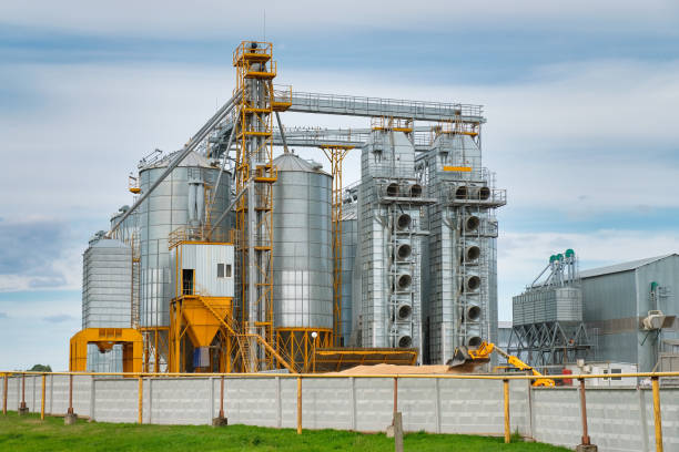 agribusiness-konzept. agro-verarbeitungs- und produktionsanlage mit metallsilos für getreidelagerung, trocknung, reinigung von landwirtschaftlichen produkten, mehl, getreide und getreide - rohstoffverarbeitende fabrik stock-fotos und bilder