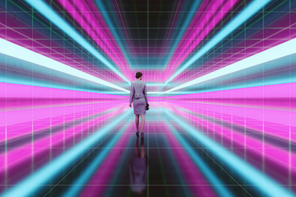 istock Retro sci-fi room with businesswoman walking 1264324432