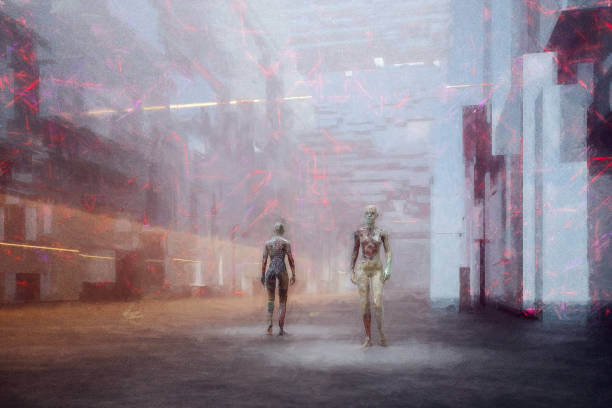 istock Cyborgs walking in futuristic street 1264324475