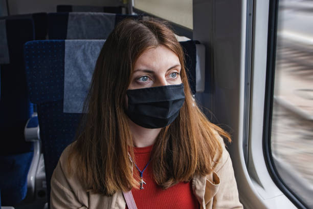 istock Young woman wearing protective face mask travelling by traing. 1264324521