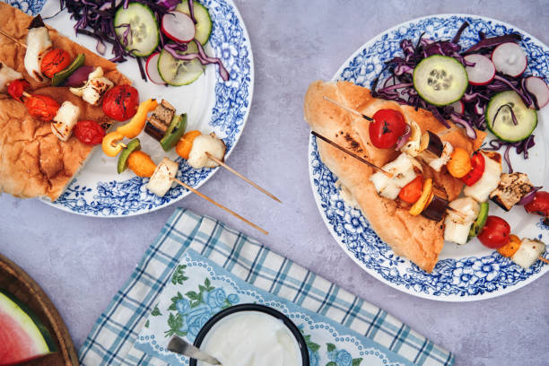 istock Vegetable Kebab with Flatbread and Cucumber Salad 1264325764