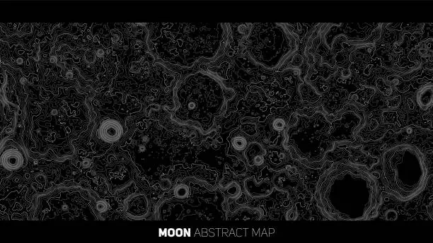 Vector illustration of Vector abstract Moon relief map. Generated conceptual lunar elevation map. Isolines of landscape surface elevation. Geographic map conceptual design. Elegant background for presentations