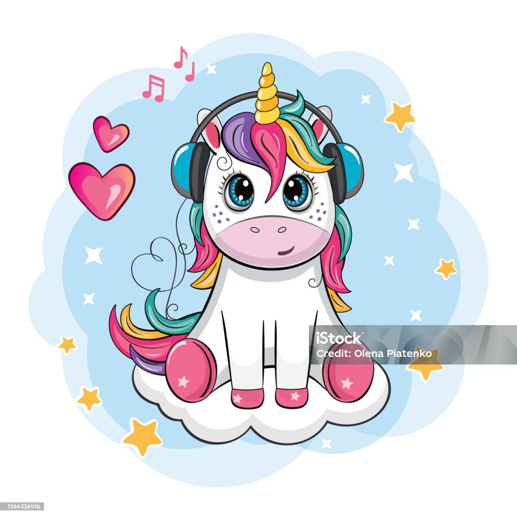 Cartoon Funny Unicorn With Headphones On Cloud Cute Little Pony On White  Background Wonderland Fabulous Animal Isolated Childrens Illustration For  Sticker Print Postcard For Friends Family Starry Sky Vector Stock  Illustration -