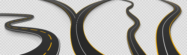 Road, winding and fork highway isolated icons set Road, winding and fork highway isolated on transparent background. Journey two lane curve asphalt pathway going into the distance. Route direction and navigation signs for map, Realistic 3d vector set single lane road footpath dirt road panoramic stock illustrations