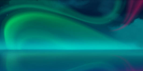 Aurora borealis, northern lights in night sky Aurora borealis, northern lights in arctic night sky with stars and clouds. Vector realistic winter landscape with fog and reflection of green and pink polar lights in water surface aurora borealis abstract stock illustrations