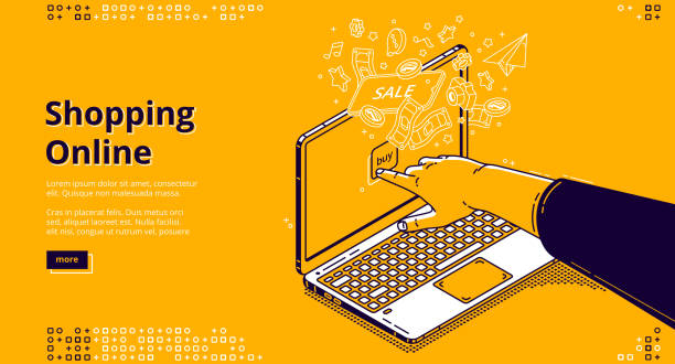 Online shopping isometric landing page, web banner Online shopping isometric landing page, customer purchasing in digital store choose goods in internet market. Buyer hand push on buy button on laptop screen, cyber shop 3d vector line art web banner construction platform illustrations stock illustrations