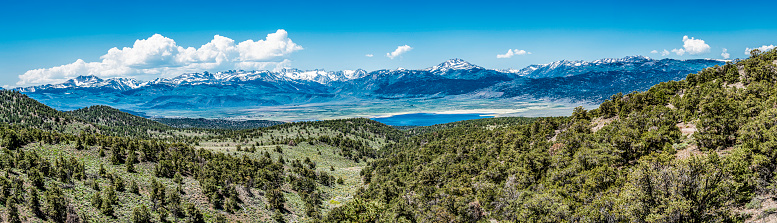 View of the Sierra Nevada Mountains and the Bridgeport Reservoir from the Bodie Hills. Toiyabe National Forest. Panorama.