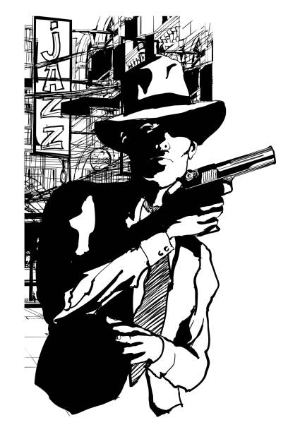 Gangster with a gun in the style of 1950 black and white movie Gangster with a gun in the style of 1950 black and white movie - vector illustration (Ideal for printing on fabric or paper, poster or wallpaper, house decoration) drug cartel stock illustrations