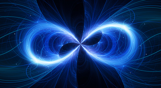 Blue glowing infinity sign, computer generated abstract background, 3D rendering