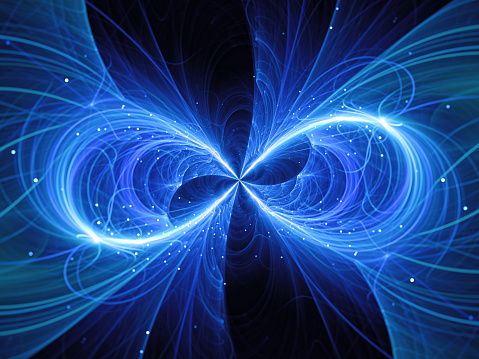 Blue glowing infinity sign with particles, computer generated abstract background, 3D rendering