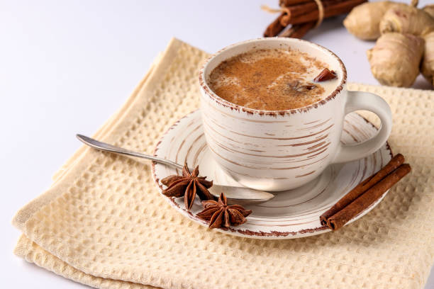 istock Traditional indian masala tea with spices in cup on a white background, horizontal format, Copy space 1264331166