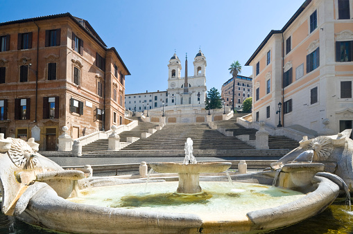 Spanish Steps in Rome, Italy. In the foreground the Fontana della Barcaccia.