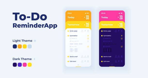 To do reminder app cartoon smartphone interface vector templates set To do reminder app cartoon smartphone interface vector templates set. Mobile app screen page day mode design. Personal lifestyle organizer UI for application. Phone display with flat illustrations To Do List stock illustrations