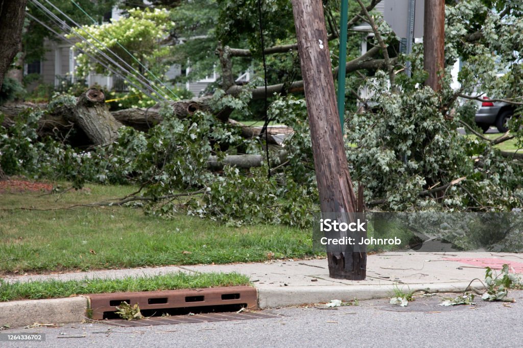 Damaged and split telephone pole and downed tree and wires after a storm A broken utility pole downed power cable and debris after a hurricane or strong storm passed through town. Squall Stock Photo