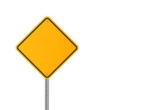 Empty yellow road sign against white. Easy to crop or cut-out from white for all your print and social media projects with copy space.