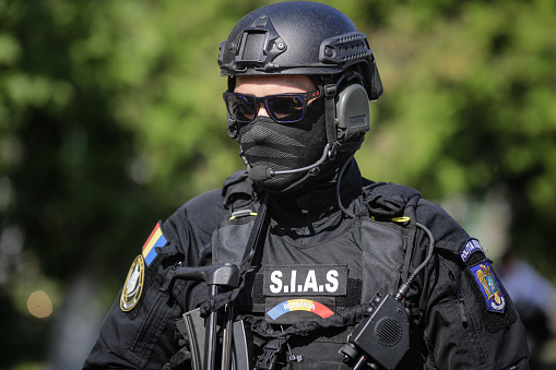 Bucharest, Romania - July 29, 2020: Officer from the Special Actions and Intervention Service (SIAS), from the Romanian Police, during an event.