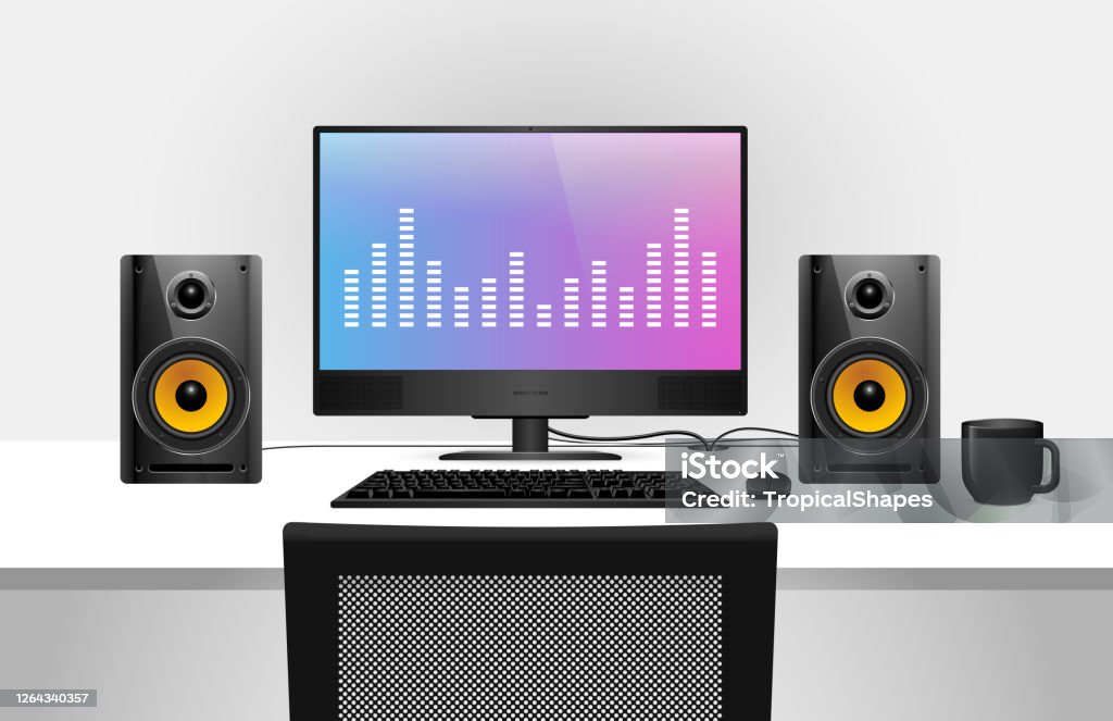 Desktop Computer With Monitor Speakers Realistic Vector Illustration Of A  Personal Computer Workstation Pc Music Production Computer Stock  Illustration - Download Image Now - iStock