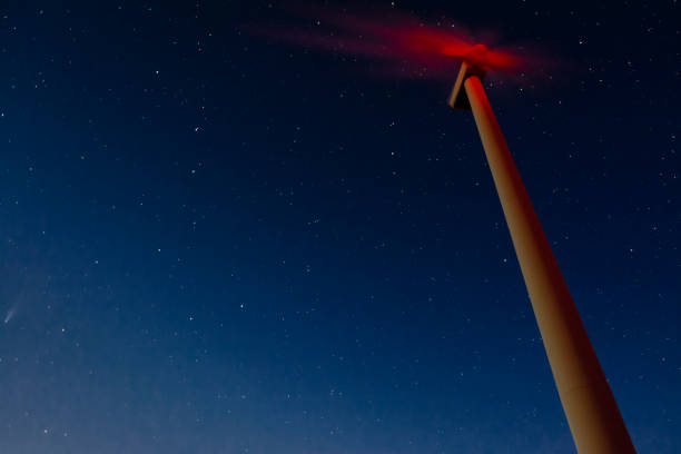 Long Night Exposure of Windmill Tower with Starry Sky, Big Dipper and Comet Neowise. Clean energy, climate change and ecology concepts