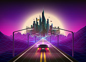 istock Vibrant colors abstract 80s style retro background with car and Futuristic City on the Horizon. Synthwave Retrowave Art 1264342641
