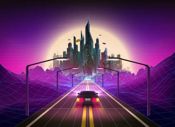 Vector illustration of Vibrant colors abstract 80s style retro background with car and Futuristic City on the Horizon. Synthwave Retrowave Art
