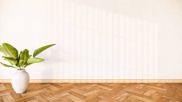 istock Plants decoration on empty room interior with wooden floor. 3D rendering 1264343591