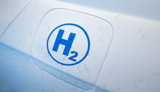 Close up of a white colored hydrogen powered car