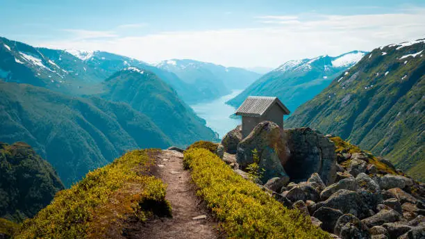 Outhouse with a view at Flatbrehytta in Norway, overlooking Sognefjorden.