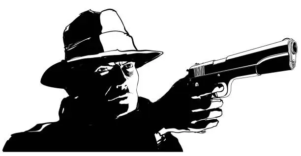 Vector illustration of Gangster with a gun in the style of 1950 black and white movie