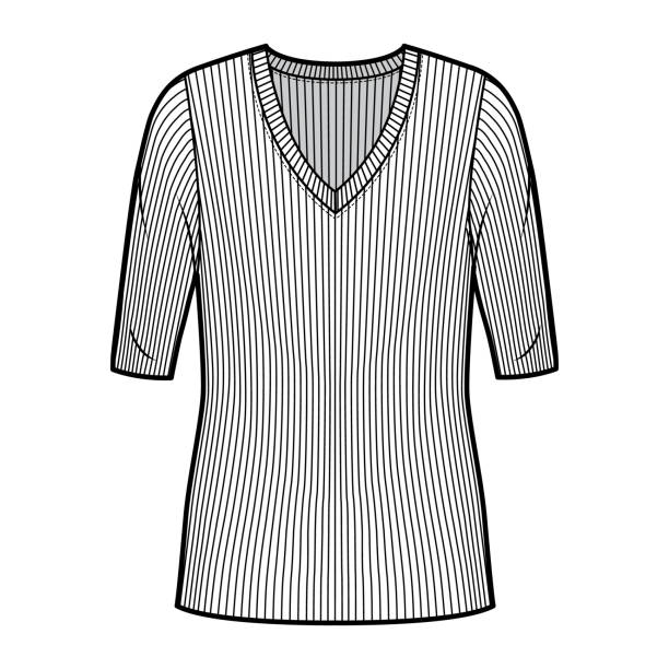 istock Ribbed V-neck knit sweater technical fashion illustration with elbow sleeves, oversized body, tunic length 1264349058