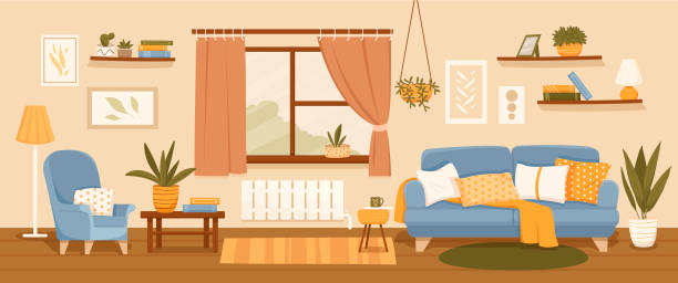 stockillustraties, clipart, cartoons en iconen met woonkamer interieur met zitplaatsen - binnenopname