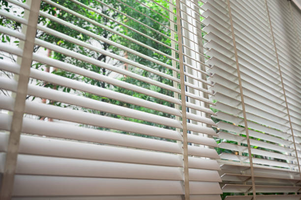 istock Venetian blinds looking through garden in office 1264353136